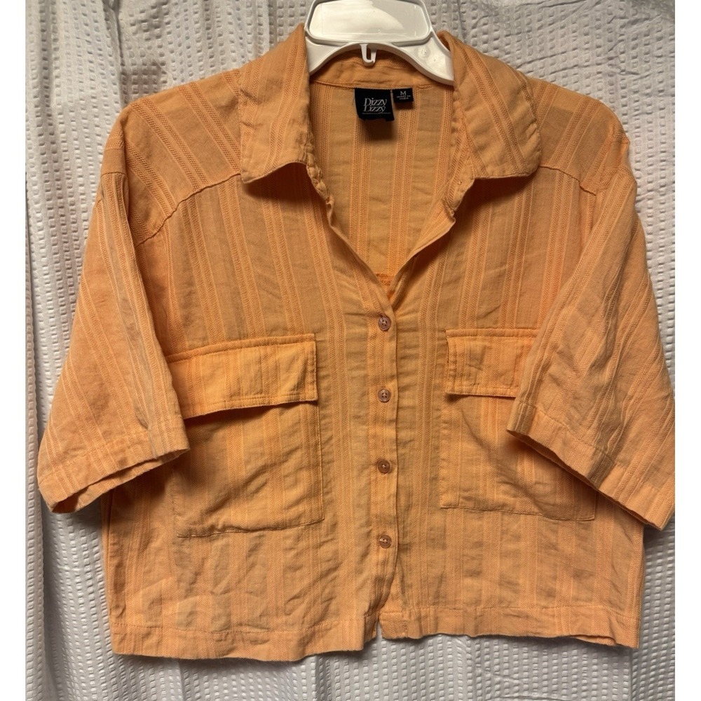 Dizzy Lizzy Women's Peach Textured Vertical Stripe Button Down Pockets Size M